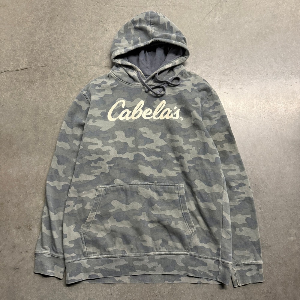 Cabelas Mens Camo Pullover Hoodie Blue Grey Camouflage Logo Sweatshirt Medium